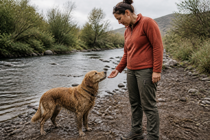 A woman stands on a muddy creek bank and offers a treat to a wet Golden Retriever after a hike.