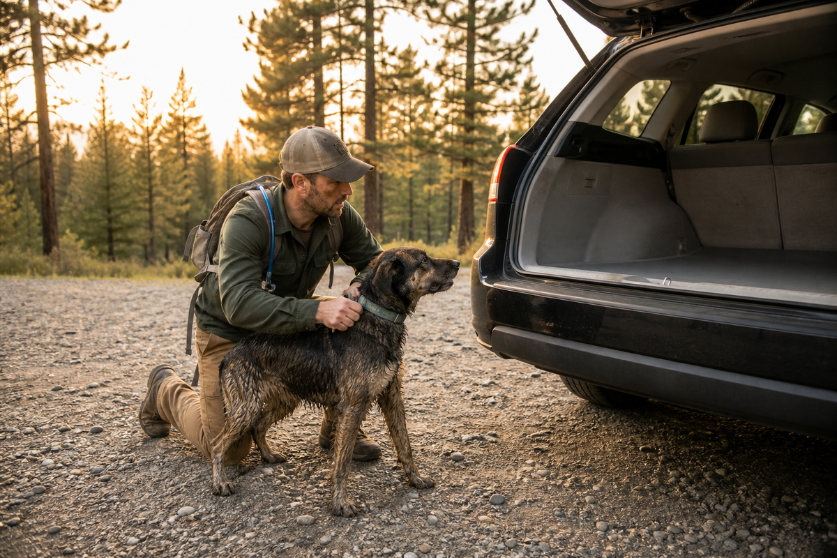 A hiker kneels on gravel at a trailhead and holds a wet, muddy dog by the collar in front of an open SUV hatch, keeping the cargo area empty.