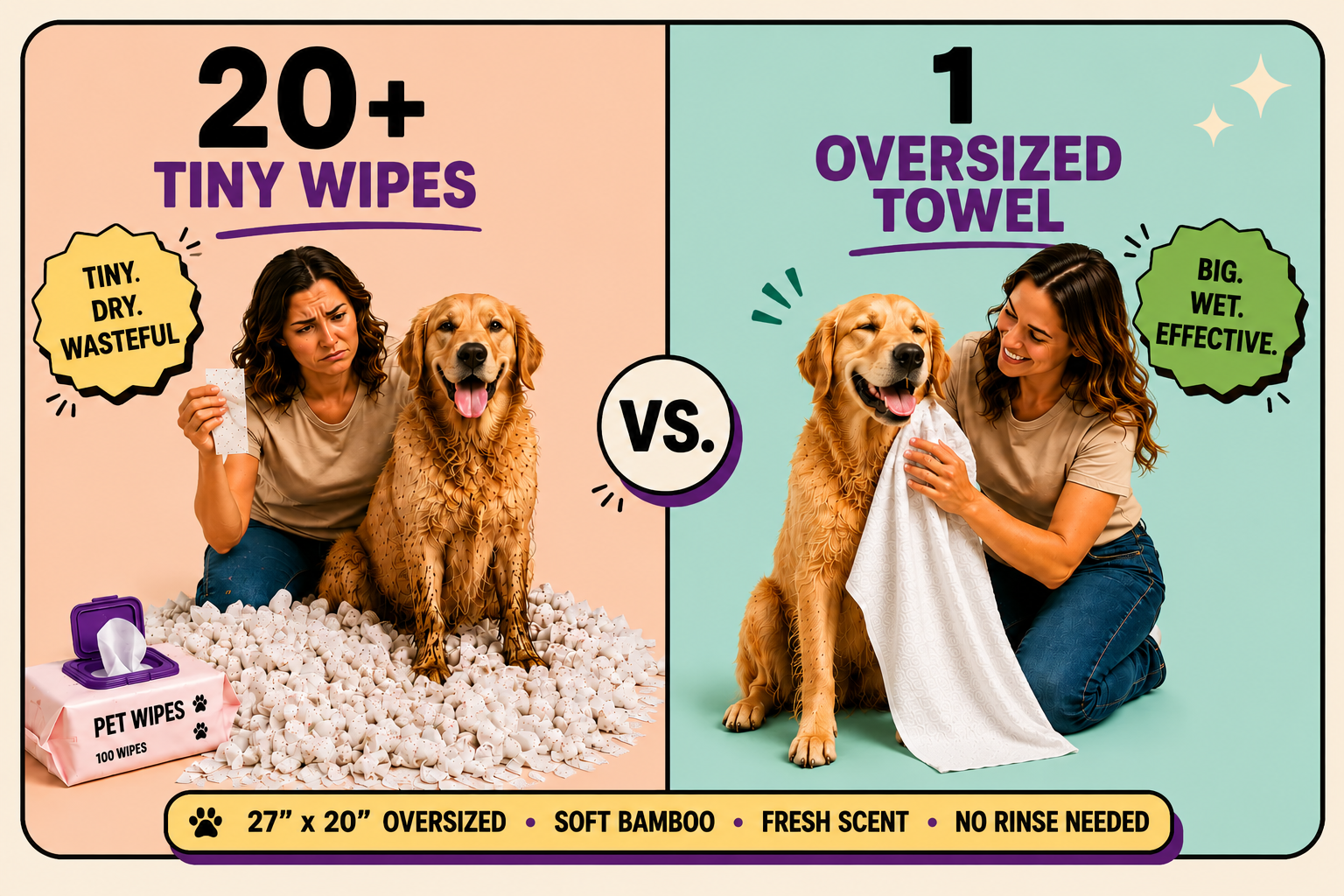 20 wipes compared to one oversized Dirty Dog Labs towel
