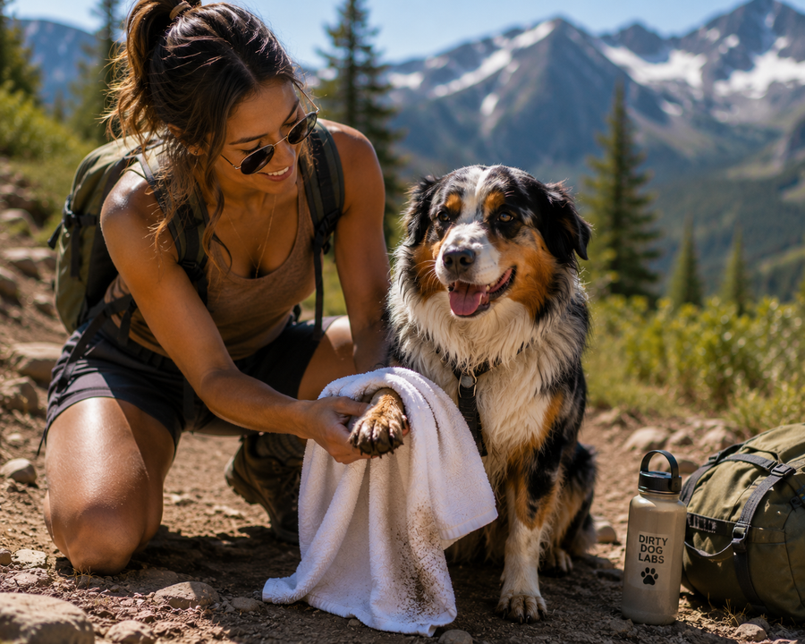 Dog being cleaned after hiking