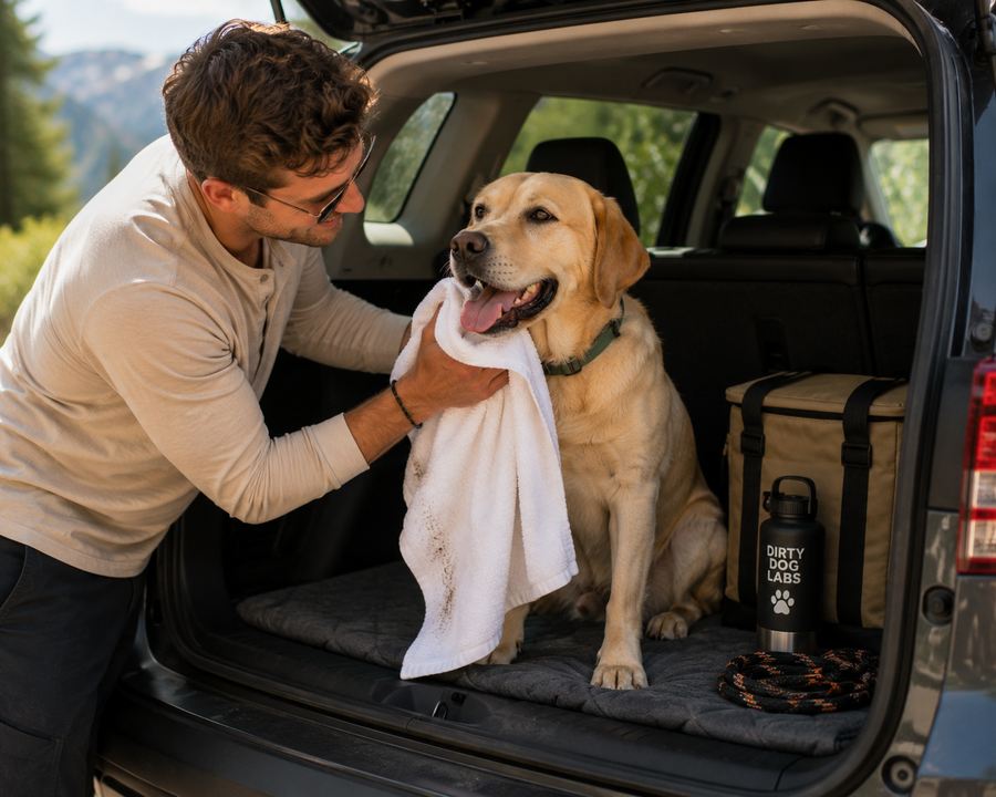 Dog being cleaned before a car ride